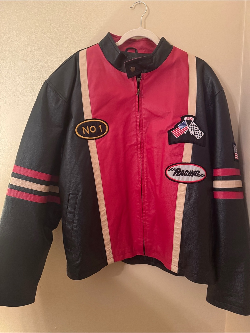 Vintage Men's Racing-Inspired Red and Black Bomber Jacket